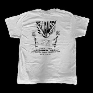 May include: White t-shirt with a black graphic print of a cartoon devil holding a trident. The text "HELLRAISER TECHNO ALL NIGHTER SUMMER 1989 ACID ELECTRO TECHNO INDUSTRIAL EBM INFO LINE 929.666.5443" is printed below the graphic.