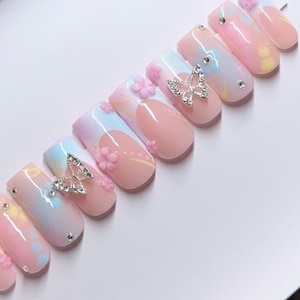 SAKURA • Pink Flower Press On Nails • Butterfly Press-On Nails • Handmade Nails • Long Coffin Nails