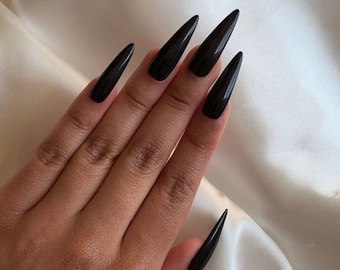 JET BLACK • Black Press On Nails • Black Press-On Nails • Handmade Press On Nails • Long Black Stiletto Nails