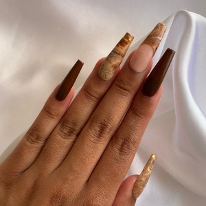 MOCHA LATTE • Brown Press On Nails • Brown Marble Press-On Nails • Fall Brown Handmade Nails • Long Coffin Nails