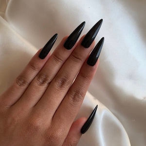 JET BLACK • Black Press On Nails • Black Press-On Nails • Handmade Press On Nails • Long Black Stiletto Nails