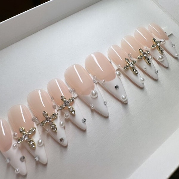 ICY • White Cross Charm Press On Nails • Bling Press-On Nails • Handmade Nails • Long Stiletto Nails