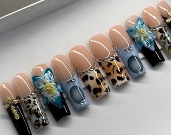 TROPICANA • Blue and Brown 3D Flower Press On Nails • Summer Press-On Nails • Vacation Handmade Nails • Long Square Nails