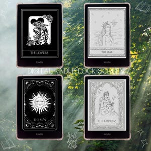 May include: Four Kindle e-readers showcasing tarot card designs: "The Lovers," "The Star," "The Sun," and "The Empress." Each card has black and white illustrations with text labels. The phrase "DIGITAL KINDLE LOCK-SCREEN" is also visible.