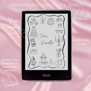 May include: A personalized Kindle lock screen with a clear case. The screen displays black and white illustrations of various objects, including dice, a cake, and a martini glass. Text on the screen reads "Tia's Kindle". The text "Your name here" is also visible.