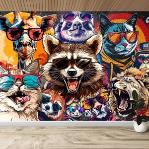 Carta da parati con graffiti colorati, animali, murale, collage per adolescenti con animali, carta da parati in vinile per la sala giochi dei bambini, murale con gatto e leone