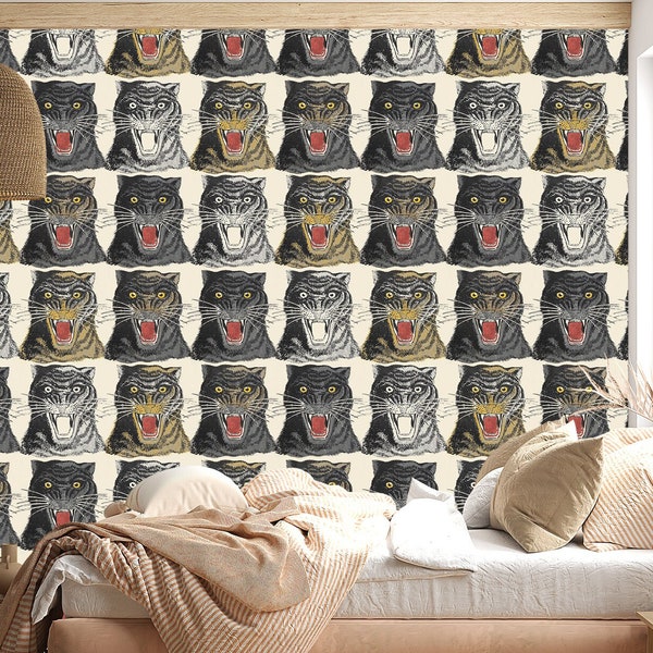 Chinoiserie Wallpaper Tiger Head Pattern Textured Peel And Stick Vintage Asian Wall Art Wallpaper Print Retro Japanese Wall Mural Bedroom