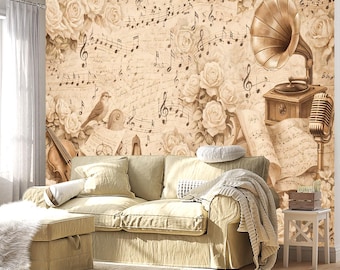 Vintage Music Notes Violin Gramophone Floral Wallpaper Mural (Peel and Stick)