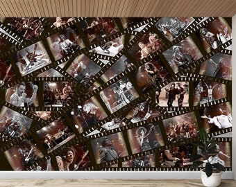 Music Super Stars Wallpaper Retro Cinema Tape Art Concrete Background Peel and Stick Print Vintage Collage Famous Music Artists Wall Mural