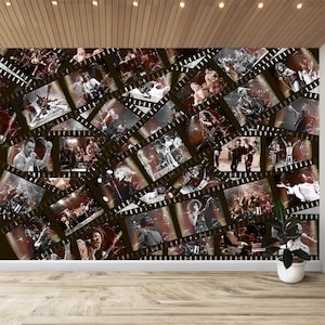 Music Super Stars Wallpaper Retro Cinema Tape Art Concrete Background Peel and Stick Print Vintage Collage Famous Music Artists Wall Mural