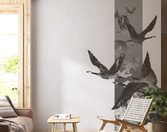 Black and White Birds Wallpaper Mural Peel and Stick, Minimalist Wall Art, Flying Geese Wall Decor, Modern Scandinavian Accent Wall