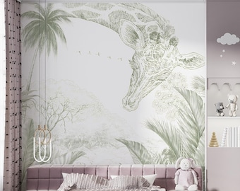 Gender Neutral Kids Wallpaper – Tropical Jungle Giraffe Wall Mural, Gray Traditional Wallpaper, Safari Nursery Wall Decor