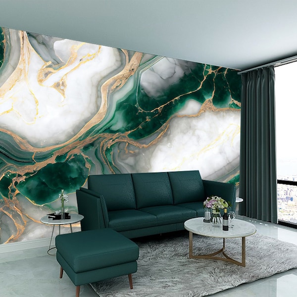 Marble Green White Art Wallpaper Abstract Wall Mural Alcohol Ink Print Peel and Stick Wall Decor Art Wallpaper Mural Bedroom Office Decor