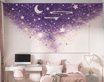 Purple Galaxy Stars Wall Mural – Kids Room Night Sky Wallpaper, Moon Constellation Art, Peel & Stick Nursery Decor