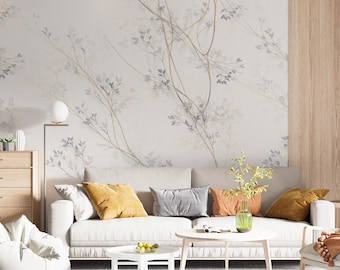 Neutral Floral Wall Mural Peel & Stick – Minimalist Branch Wallpaper for Living Room, Soft Beige Botanical Wall Decor