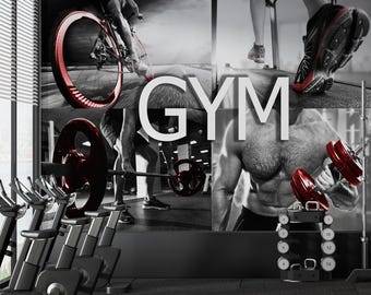 Fitness Gym Wall Mural Workout Wallpaper Strength Training Motivational Decor Black Gray Modern Home Gym Peel and Stick Teen Room