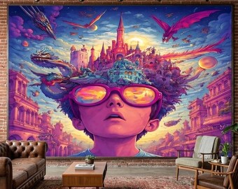 Surreal Wall Mural Psychedelic Fantasy Wallpaper Dream Art Boy with Glasses Colorful Trippy Wall Decor Peel and Stick Living Room