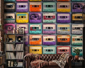 Retro Cassette Tape Wallpaper: Colorful 90s Gamer Room Wall Mural (Peel and Stick)