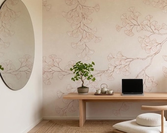 Beige Botanical Wall Mural Peel & Stick – Minimalist Branch Wallpaper, Soft Neutral Floral Wall Decor for Living Room