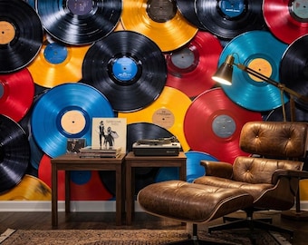Vinyl Record Wall Mural Retro Music Wallpaper Colorful LP Wall Art Peel and Stick Vintage Record Decor Music Lover Room Aesthetic