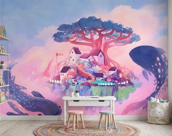Fantasy Island Wallpaper, Whimsical Nursery Mural, Pink Blue Dreamland Wall Decor, Kids Room Wallpaper, Fairytale Castle Wall Mural