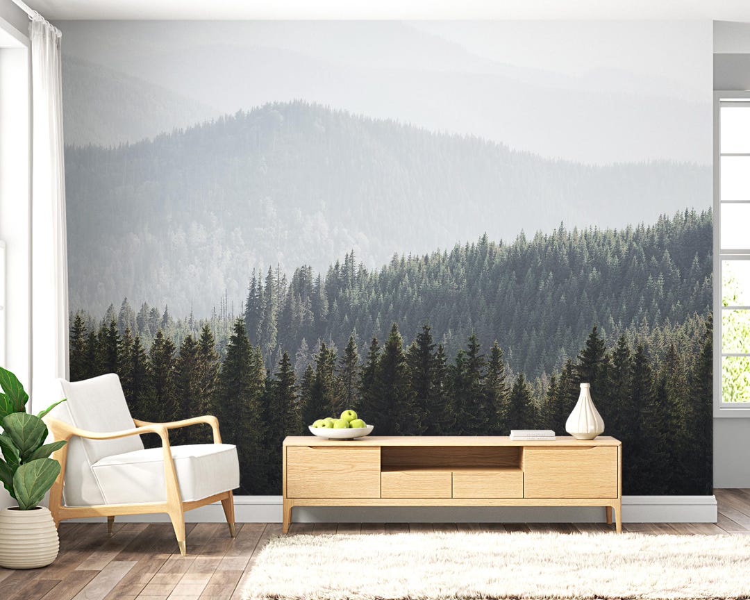 Foggy Forest Landscape Wallpaper Peel and Stick Nature Wall Mural Green ...