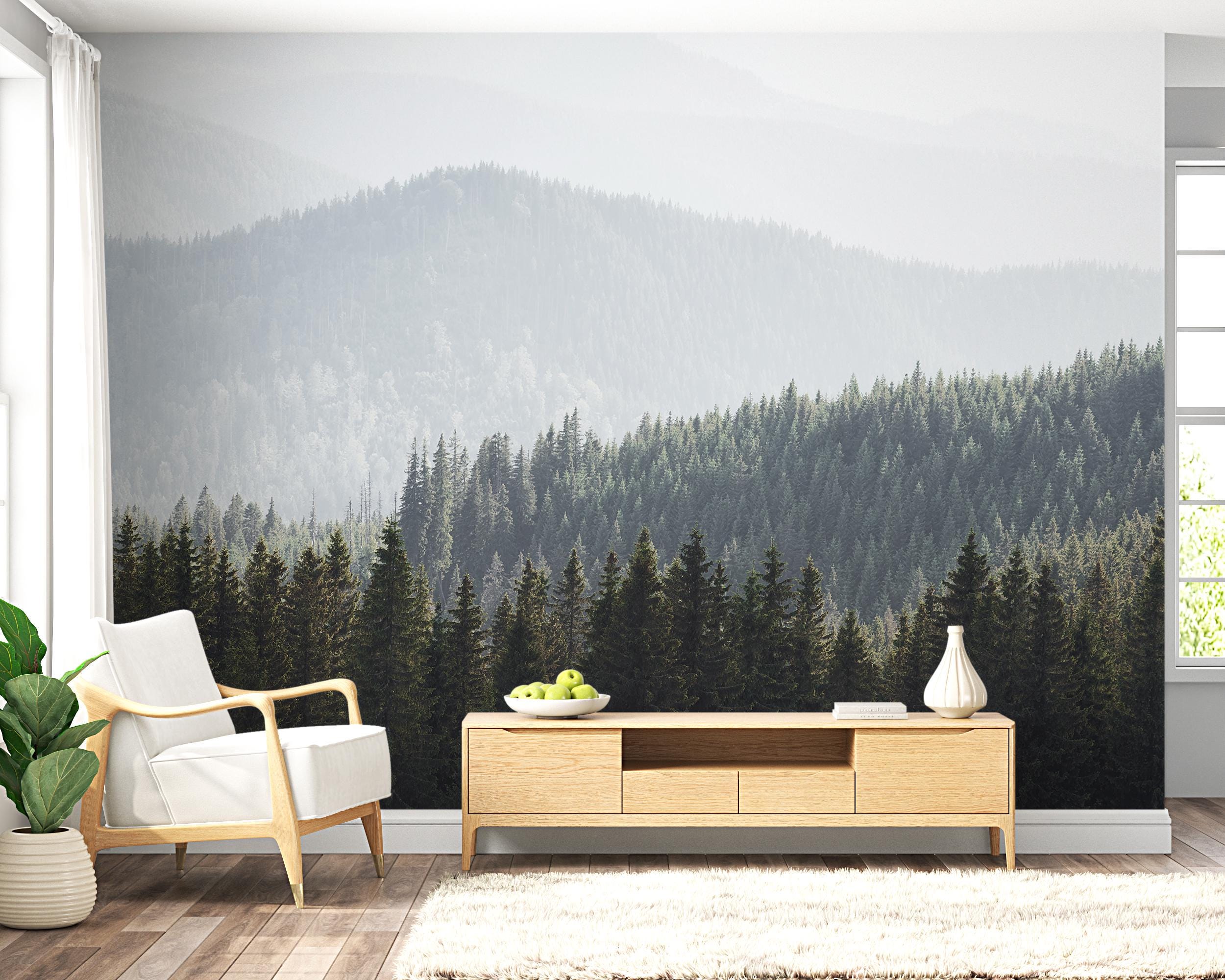 Foggy Forest Landscape Wallpaper Peel and Stick Nature Wall Mural Green ...
