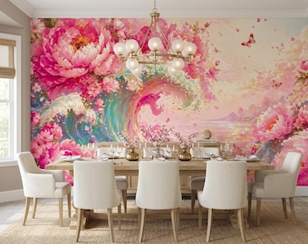 Floral Wave Wall Mural, Pink Peony Ocean Art Decor (Peel and Stick)