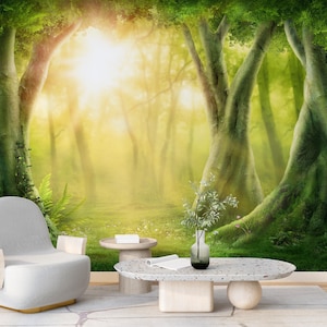 Papier peint forêt de conte de fées en vinyle, décoration murale bois mystique, scène de la nature, salon chambre, décoration de chambre d'enfants