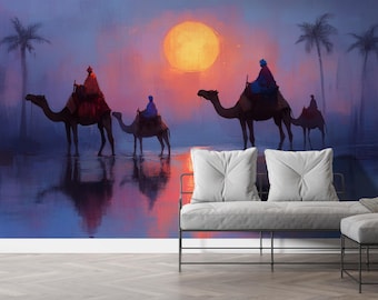 Mural de pared Atardecer en el desierto Caravana de camellos Papel pintado Paisaje de Oriente Medio Autoadhesivo Decoración de pared estilo boho Dormitorio Sala de estar Arte