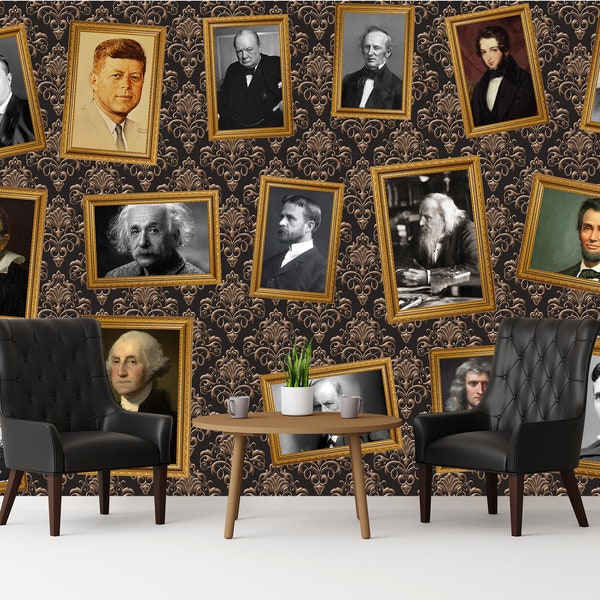 Portraits Wallpaper Retro Wall Art Mural Damask Pattern Peel and Stick Print Vintage Collage Portraits Of Famous Politicians And Scientists