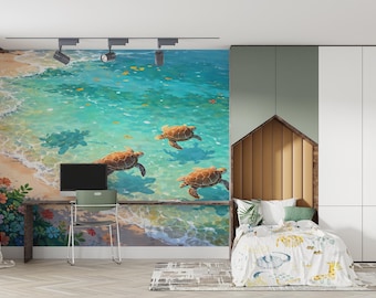 Sea Turtle Beach Wall Mural – Ocean Coastal Wallpaper, Tropical Sea Life Art, Peel & Stick Kids Room Decor