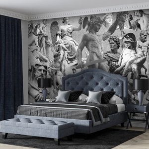 Carta da parati con statue collage, carta da parati con statue degli antichi greci, carta da parati in vinile storica, stampa, murale personalizzato grigio antico staccabile e attaccabile