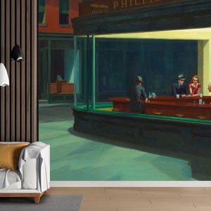 Edward Hopper Mural Wallpaper Vintage Night Diner Scene Iconic American Art Collage Wall Mural Retro Painting Aesthetic for Living Room
