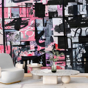 Abstract Graffiti Wallpaper Mural: Pink, Black & White Collage - Loft Street Style - Peel and Stick