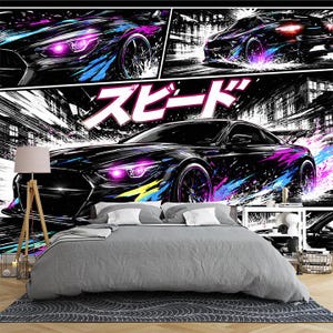 May include: A black sports car with purple headlights and colorful paint splashes is featured on a wall mural. The word "Speed" is written in Japanese characters above the car. The mural is installed above a bed with gray bedding.