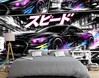 JDM Car Wall Mural Neon Sports Car Wallpaper Anime Style Street Racing Art Peel and Stick Black Pink Blue Teen Boys Room Decor