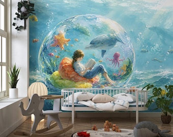 Underwater Nursery Wallpaper, Ocean Dolphin Mural, Kids Room Peel and Stick Wallpaper, Sea Life Wall Decor, Non Woven Mural