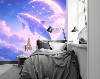 Dreamy Whale Wall Mural – Fantasy Moon Sky Wallpaper for Kids Room, Pastel Galaxy Ocean Art, Peel & Stick Nursery Decor