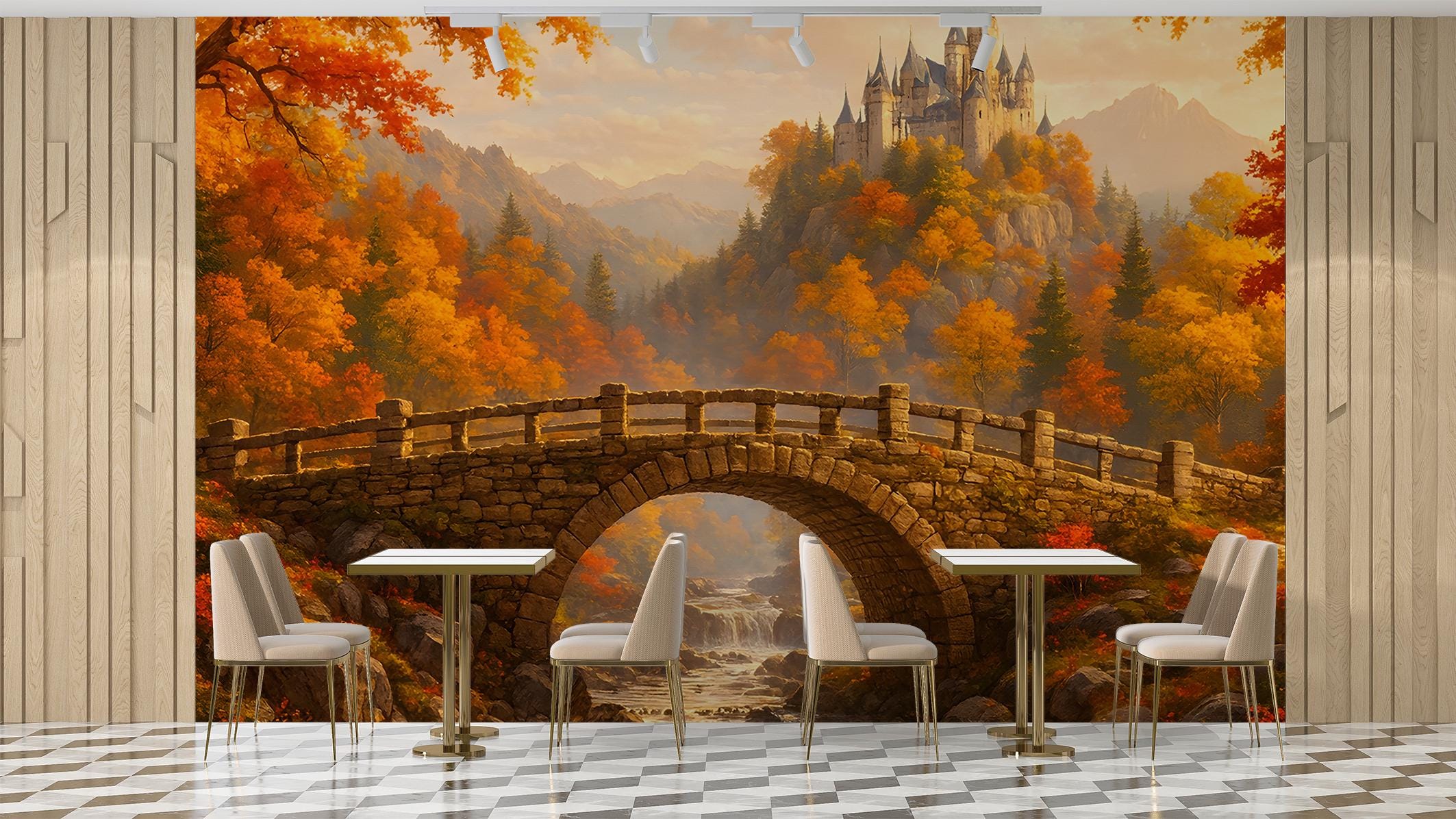 Fairytale Castle Autumn Forest Mural – Scenic Panorama Wall Wallpaper ...
