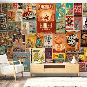 Vintage Poster Collage Wallpaper Retro 50s-80s Wall Mural for Living Room Home Office Bar Cafe Wallpaper Peel and Stick / Unpasted