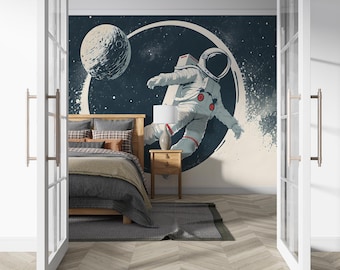 Astronaut Wallpaper Mural, Space Nursery Wallpaper, Outer Space Wall Decor, Galaxy Bedroom Mural, Kids Room Wallpaper, Planet Wall Art