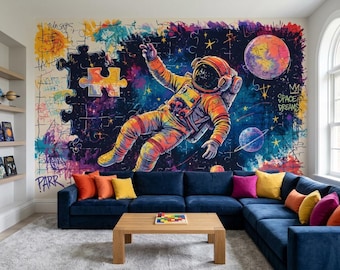 Space Astronaut Wall Mural Graffiti Street Art Wallpaper Peel and Stick Cool Galaxy Kids Boy Room Decor Large Pop Art Puzzle Wall Decal