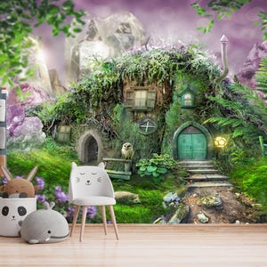 Papier peint forêt de contes de fées en vinyle autocollant Cottage enchanté, décoration murale magique, scène de la nature, salon chambre, chambre d'enfants