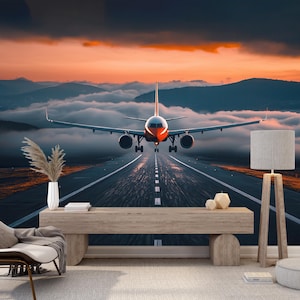 Airplane Wallpaper Airstrip Clouds Mural Plane Peel and Stick Airport Wall Self Adhesive Sky Wallpaper for Bedroom Living Room Office