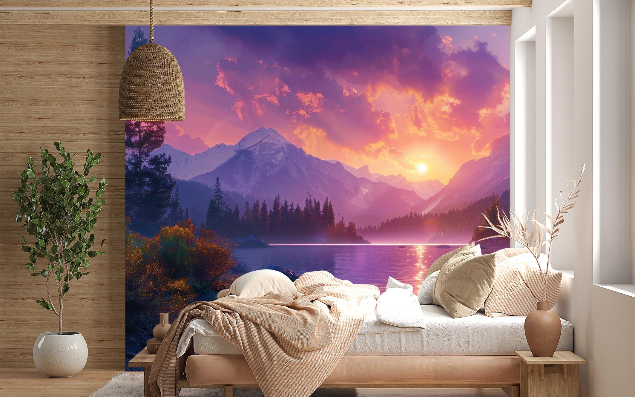 Sunset Mountain Lake Wall Mural Peel & Stick Nature Wallpaper Vibrant ...