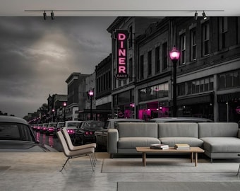 Retro Car Garage Wall Mural Neon Diner Street Vintage Cars Wallpaper Automotive Workshop Decor Man Cave Peel and Stick Wall Art