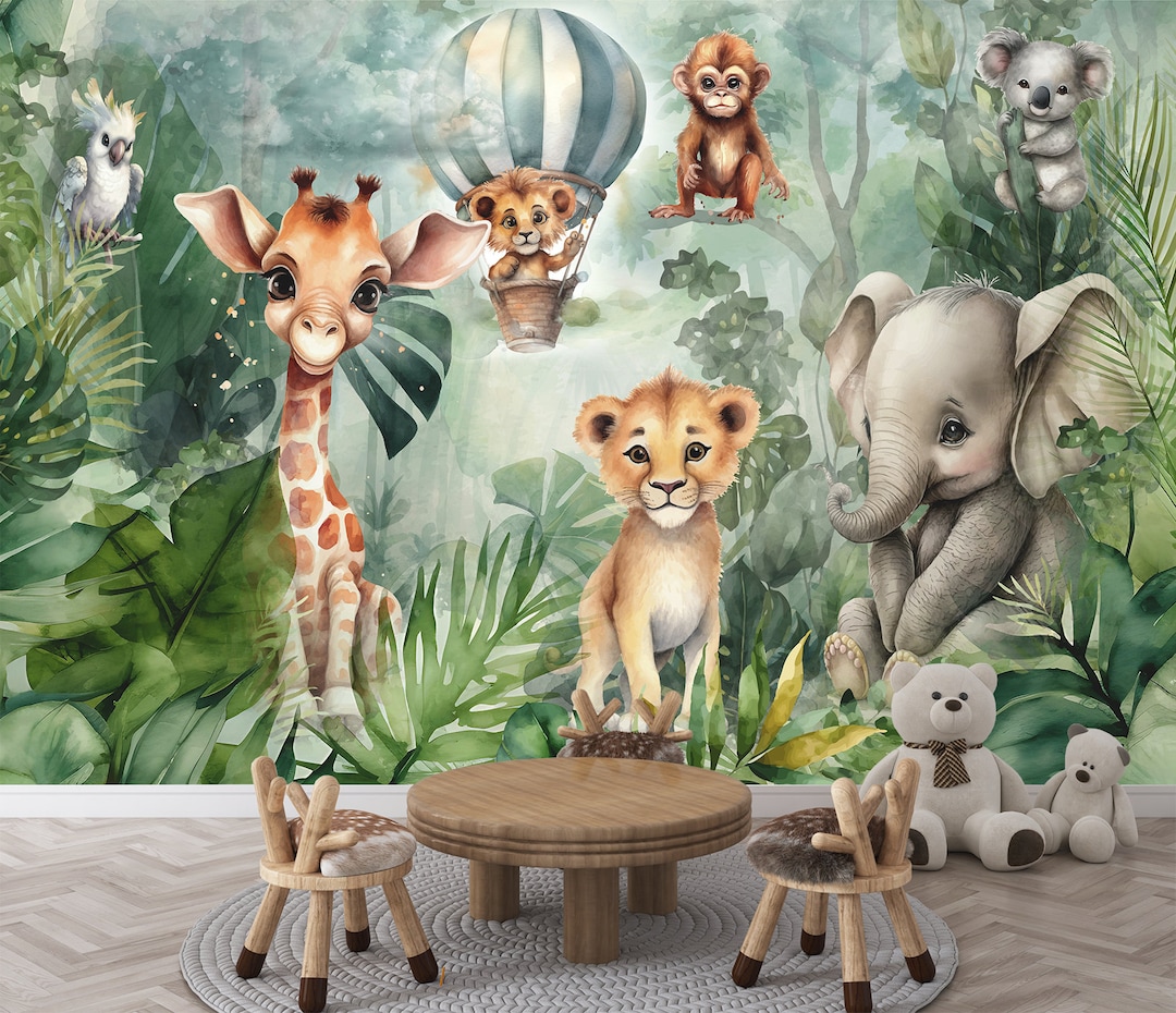Nursery Wallpaper Kids Tropical Safari Animals Wall Mural Peel and ...