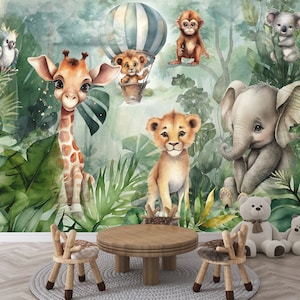Nursery Wallpaper Kids Tropical Safari Animals Wall Mural Peel and Stick Vinyl Green Wallpaper Wild Life Wall Mural Jungle Baby Room Decor