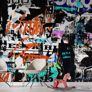 Carta da parati murale grunge urbana, poster strappato, carta da parati staccabile e adesiva, collage, stile strada, sfondo per camera da letto, soggiorno, studio, arredamento